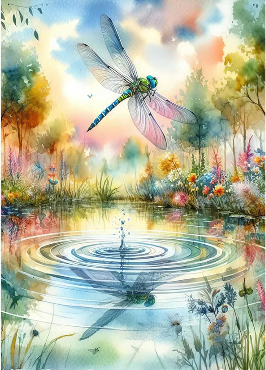 Dragonfly Diamond Painting Kits for Adults, Lake Landscape Diamond Art for Beginners, 5D DIY Full Drill Round Gem Art Craft Home Wall Decor Gift